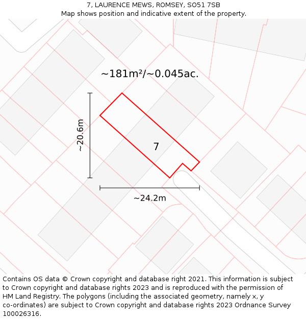 7, LAURENCE MEWS, ROMSEY, SO51 7SB: Plot and title map