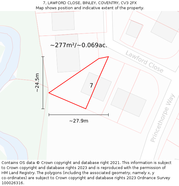 7, LAWFORD CLOSE, BINLEY, COVENTRY, CV3 2FX: Plot and title map