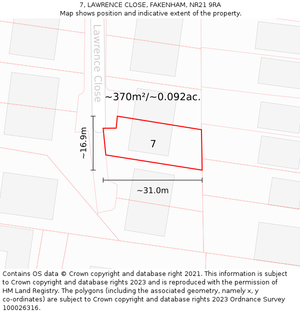 7, LAWRENCE CLOSE, FAKENHAM, NR21 9RA: Plot and title map