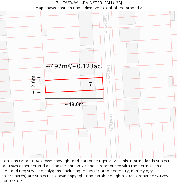 7, LEASWAY, UPMINSTER, RM14 3AJ: Plot and title map