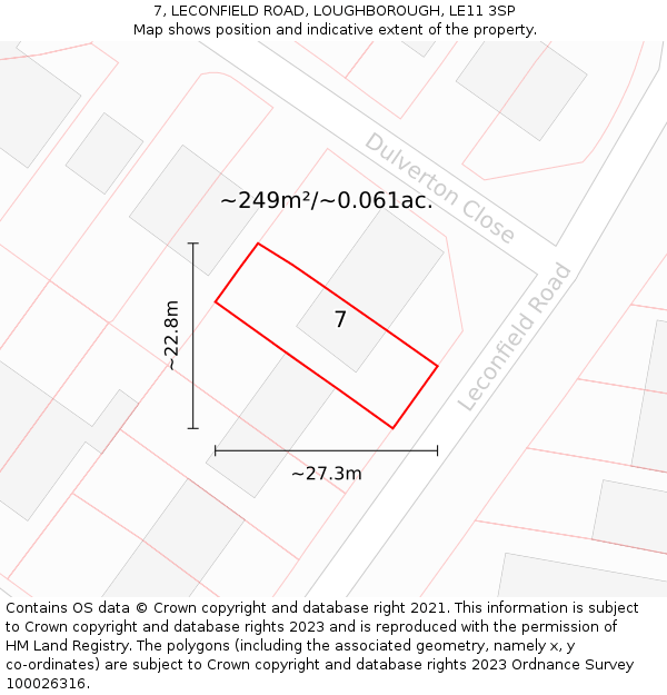 7, LECONFIELD ROAD, LOUGHBOROUGH, LE11 3SP: Plot and title map