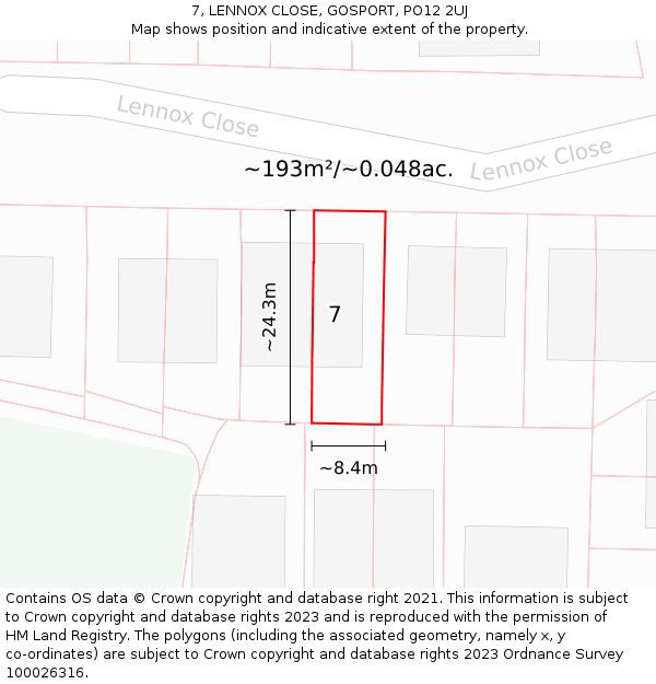 7, LENNOX CLOSE, GOSPORT, PO12 2UJ: Plot and title map