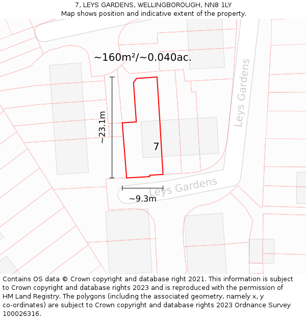 7, LEYS GARDENS, WELLINGBOROUGH, NN8 1LY: Plot and title map