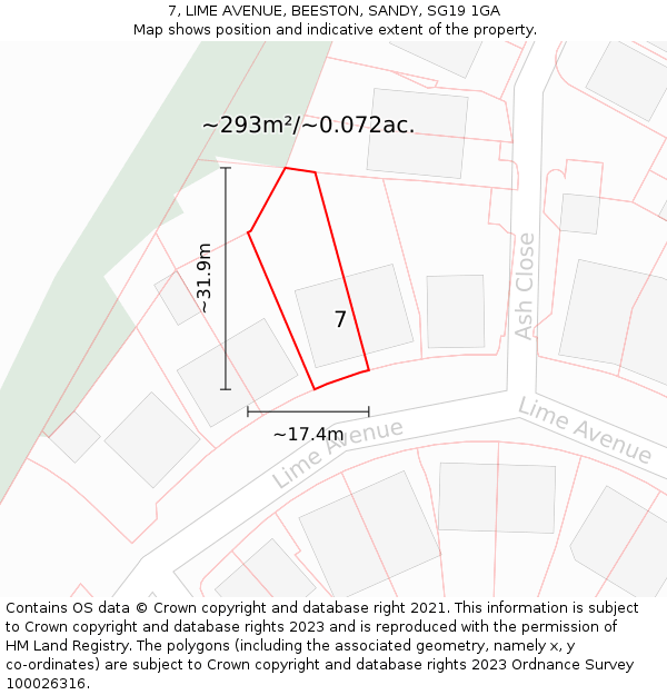 7, LIME AVENUE, BEESTON, SANDY, SG19 1GA: Plot and title map