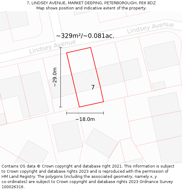 7, LINDSEY AVENUE, MARKET DEEPING, PETERBOROUGH, PE6 8DZ: Plot and title map