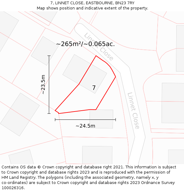 7, LINNET CLOSE, EASTBOURNE, BN23 7RY: Plot and title map