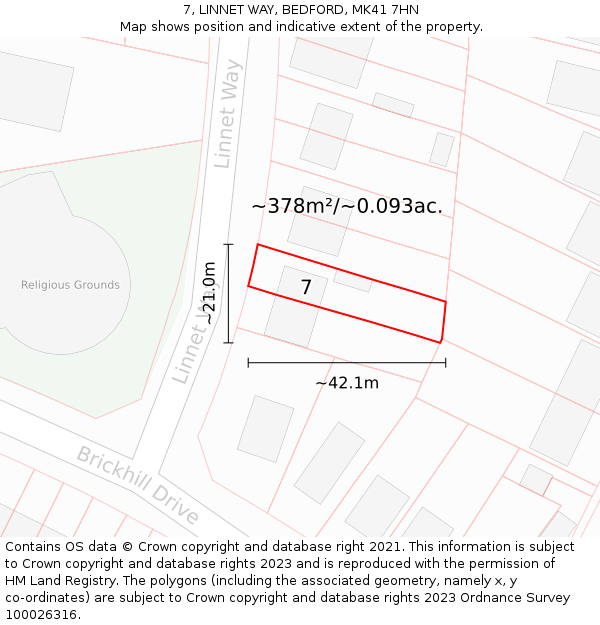 7, LINNET WAY, BEDFORD, MK41 7HN: Plot and title map