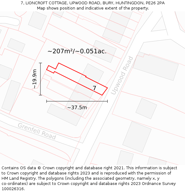 7, LIONCROFT COTTAGE, UPWOOD ROAD, BURY, HUNTINGDON, PE26 2PA: Plot and title map