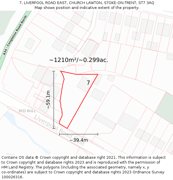 7, LIVERPOOL ROAD EAST, CHURCH LAWTON, STOKE-ON-TRENT, ST7 3AQ: Plot and title map