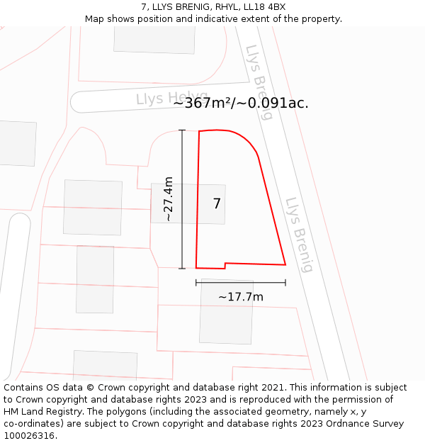 7, LLYS BRENIG, RHYL, LL18 4BX: Plot and title map