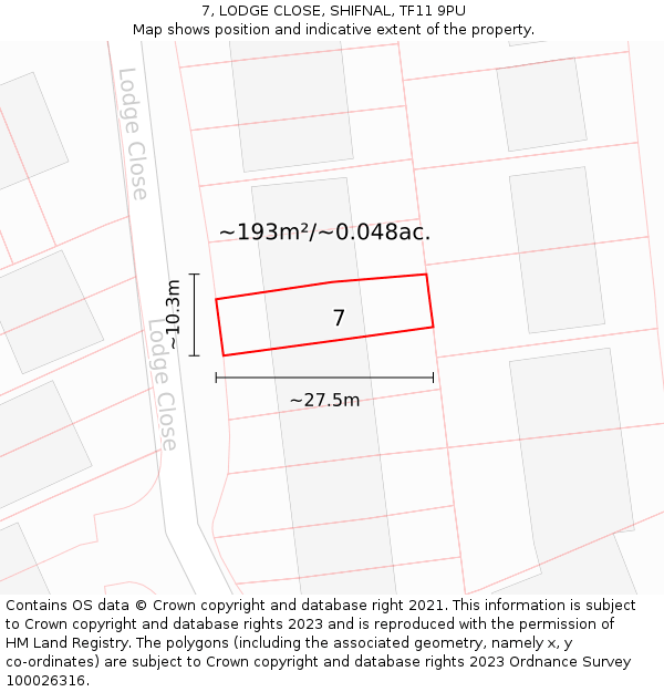 7, LODGE CLOSE, SHIFNAL, TF11 9PU: Plot and title map