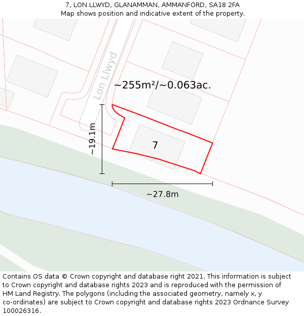 7, LON LLWYD, GLANAMMAN, AMMANFORD, SA18 2FA: Plot and title map