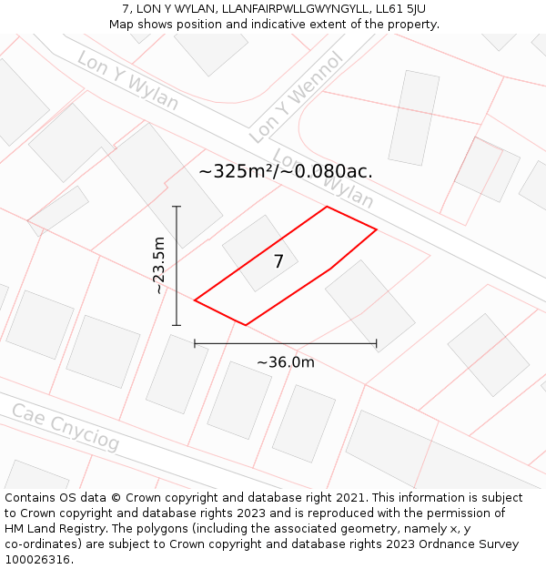 7, LON Y WYLAN, LLANFAIRPWLLGWYNGYLL, LL61 5JU: Plot and title map