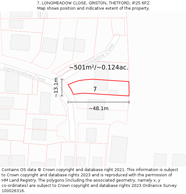 7, LONGMEADOW CLOSE, GRISTON, THETFORD, IP25 6PZ: Plot and title map