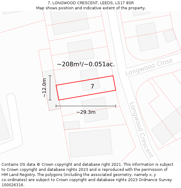 7, LONGWOOD CRESCENT, LEEDS, LS17 8SR: Plot and title map