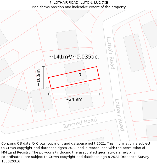 7, LOTHAIR ROAD, LUTON, LU2 7XB: Plot and title map