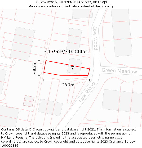 7, LOW WOOD, WILSDEN, BRADFORD, BD15 0JS: Plot and title map