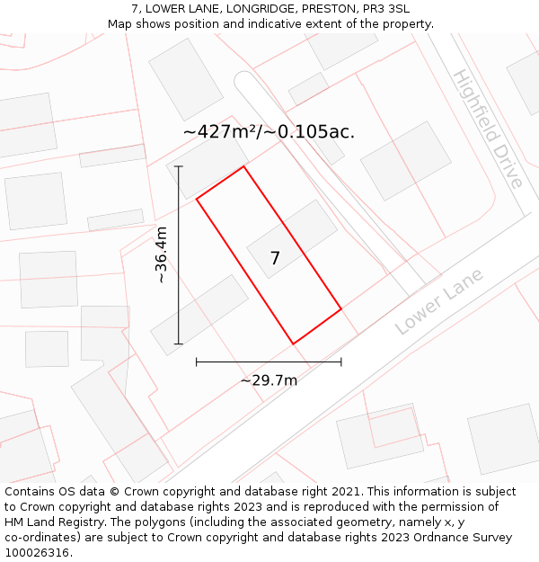 7, LOWER LANE, LONGRIDGE, PRESTON, PR3 3SL: Plot and title map