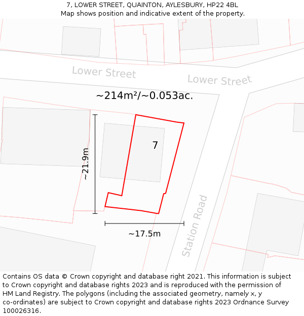 7, LOWER STREET, QUAINTON, AYLESBURY, HP22 4BL: Plot and title map