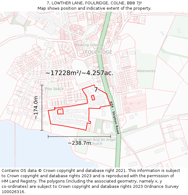 7, LOWTHER LANE, FOULRIDGE, COLNE, BB8 7JY: Plot and title map