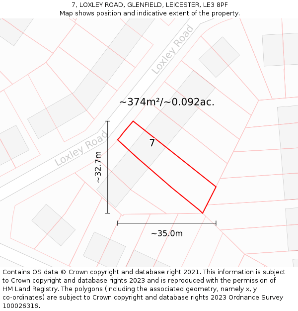 7, LOXLEY ROAD, GLENFIELD, LEICESTER, LE3 8PF: Plot and title map