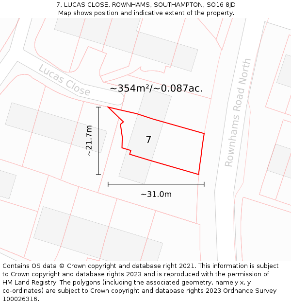 7, LUCAS CLOSE, ROWNHAMS, SOUTHAMPTON, SO16 8JD: Plot and title map