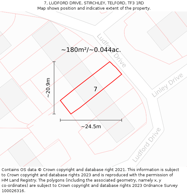 7, LUDFORD DRIVE, STIRCHLEY, TELFORD, TF3 1RD: Plot and title map