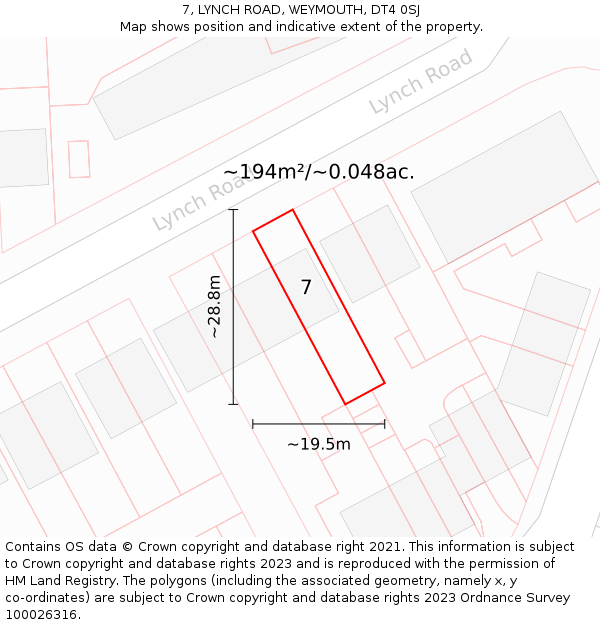 7, LYNCH ROAD, WEYMOUTH, DT4 0SJ: Plot and title map