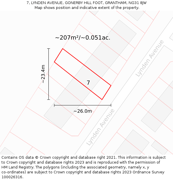 7, LYNDEN AVENUE, GONERBY HILL FOOT, GRANTHAM, NG31 8JW: Plot and title map