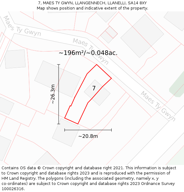 7, MAES TY GWYN, LLANGENNECH, LLANELLI, SA14 8XY: Plot and title map