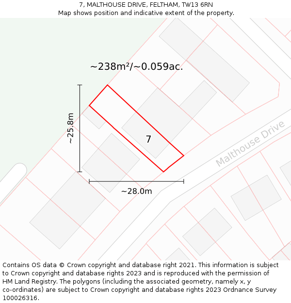 7, MALTHOUSE DRIVE, FELTHAM, TW13 6RN: Plot and title map
