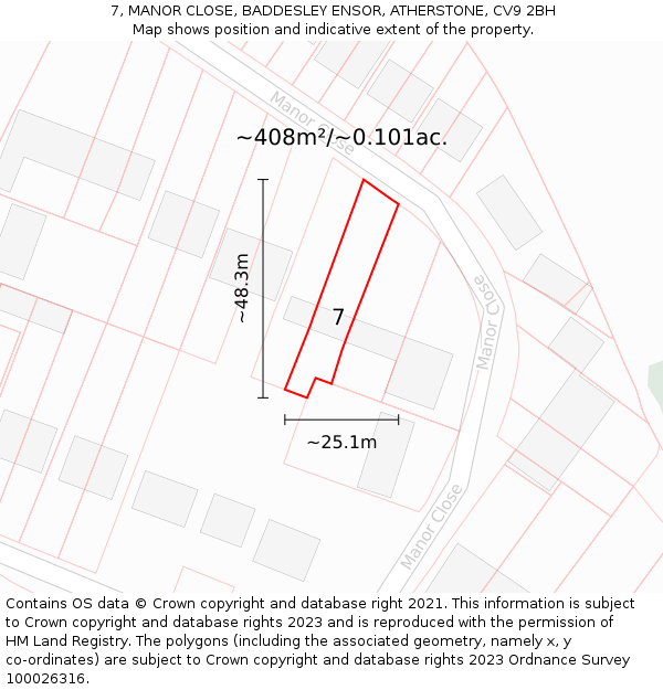 7, MANOR CLOSE, BADDESLEY ENSOR, ATHERSTONE, CV9 2BH: Plot and title map