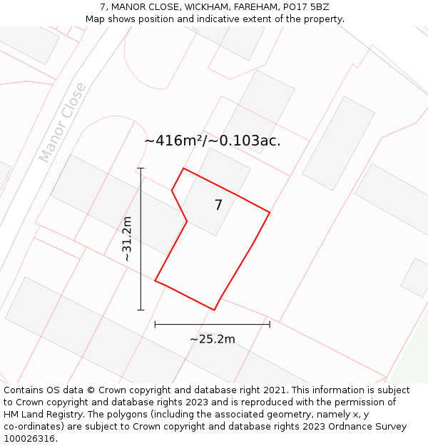 7, MANOR CLOSE, WICKHAM, FAREHAM, PO17 5BZ: Plot and title map