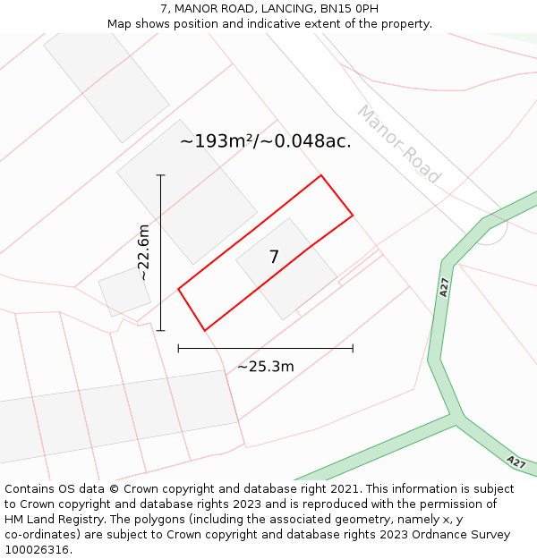 7, MANOR ROAD, LANCING, BN15 0PH: Plot and title map