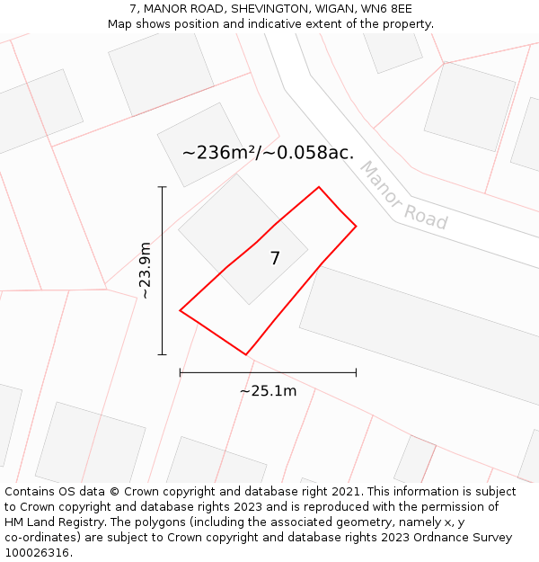 7, MANOR ROAD, SHEVINGTON, WIGAN, WN6 8EE: Plot and title map