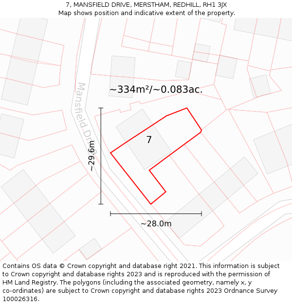 7, MANSFIELD DRIVE, MERSTHAM, REDHILL, RH1 3JX: Plot and title map