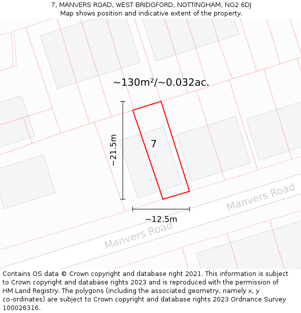 7, MANVERS ROAD, WEST BRIDGFORD, NOTTINGHAM, NG2 6DJ: Plot and title map