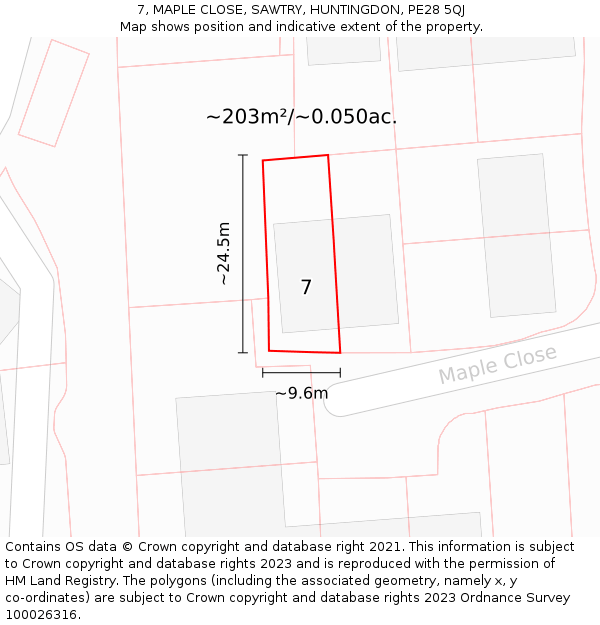 7, MAPLE CLOSE, SAWTRY, HUNTINGDON, PE28 5QJ: Plot and title map