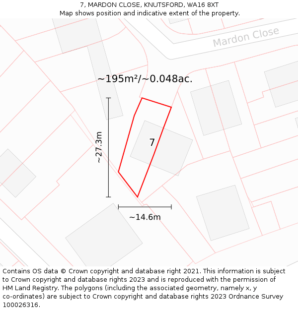 7, MARDON CLOSE, KNUTSFORD, WA16 8XT: Plot and title map