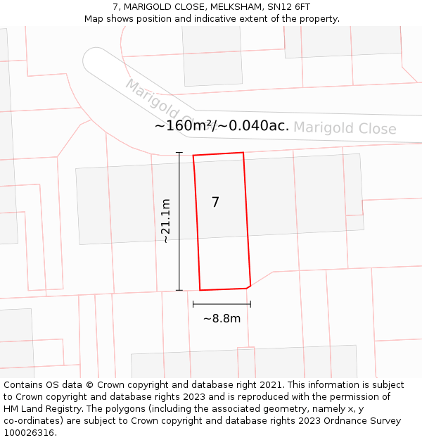 7, MARIGOLD CLOSE, MELKSHAM, SN12 6FT: Plot and title map