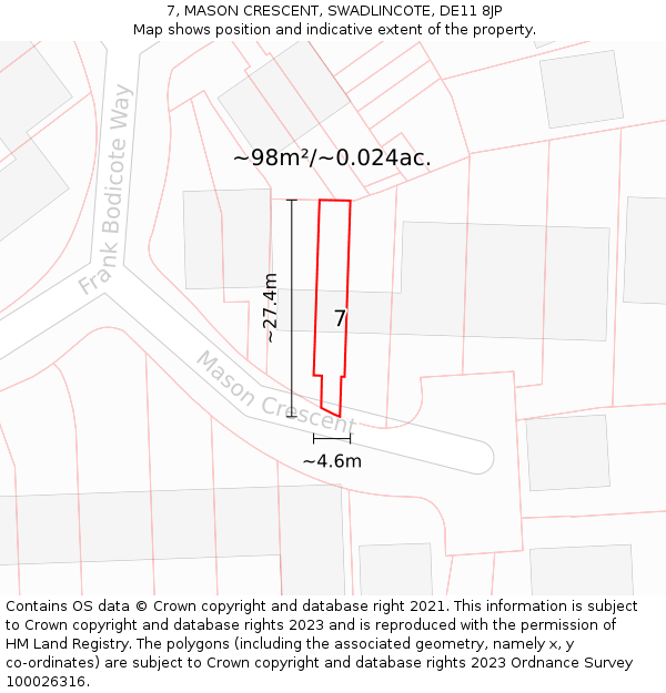 7, MASON CRESCENT, SWADLINCOTE, DE11 8JP: Plot and title map