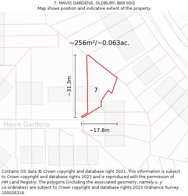 7, MAVIS GARDENS, OLDBURY, B68 0SQ: Plot and title map