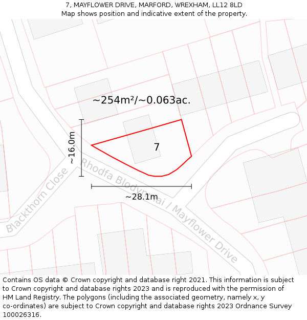 7, MAYFLOWER DRIVE, MARFORD, WREXHAM, LL12 8LD: Plot and title map