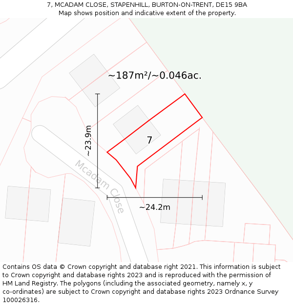 7, MCADAM CLOSE, STAPENHILL, BURTON-ON-TRENT, DE15 9BA: Plot and title map
