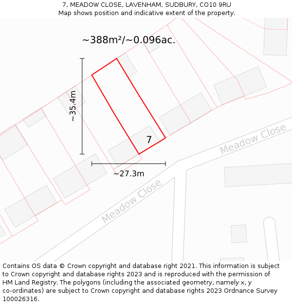 7, MEADOW CLOSE, LAVENHAM, SUDBURY, CO10 9RU: Plot and title map