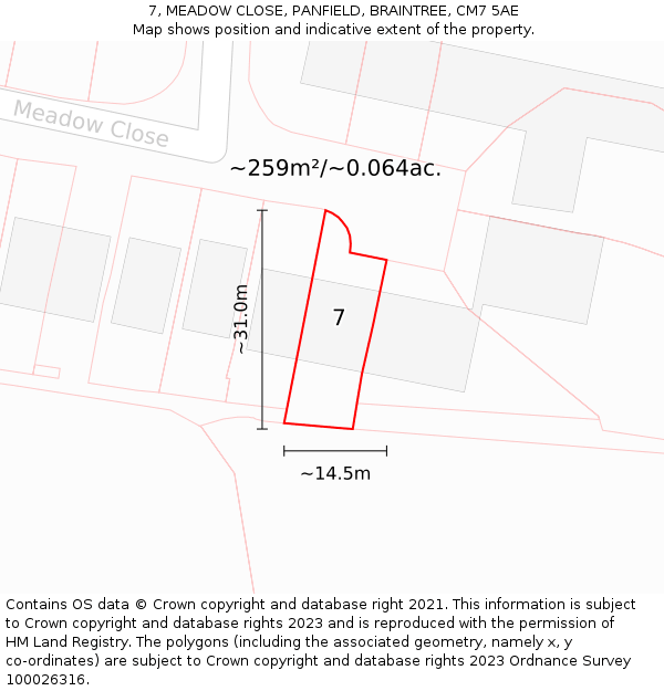 7, MEADOW CLOSE, PANFIELD, BRAINTREE, CM7 5AE: Plot and title map