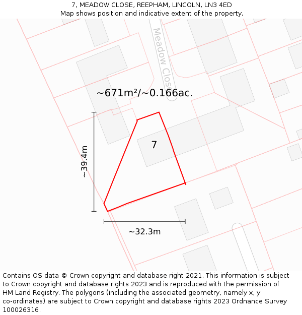 7, MEADOW CLOSE, REEPHAM, LINCOLN, LN3 4ED: Plot and title map