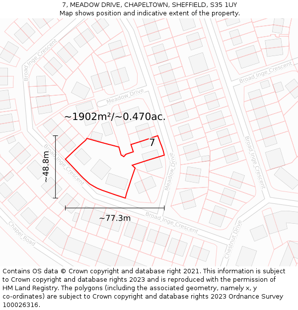 7, MEADOW DRIVE, CHAPELTOWN, SHEFFIELD, S35 1UY: Plot and title map