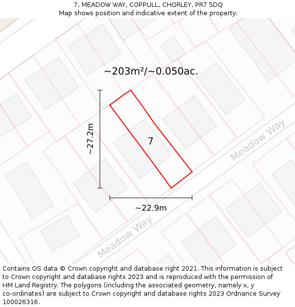 7, MEADOW WAY, COPPULL, CHORLEY, PR7 5DQ: Plot and title map