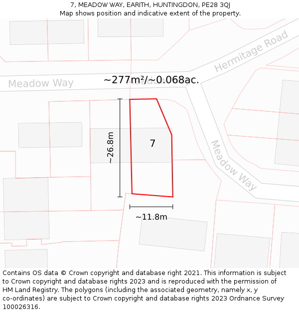 7, MEADOW WAY, EARITH, HUNTINGDON, PE28 3QJ: Plot and title map